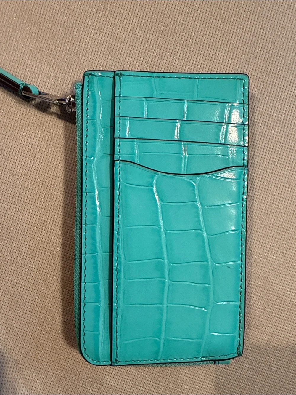 Tory Burch Turquoise Croc-Embossed Zip Card Case